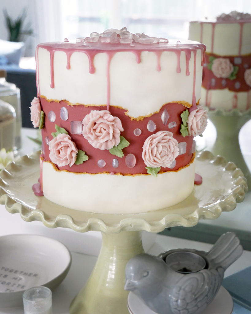 diamond buttercream rose fault line cake with isomalt diamonds and piped buttercream flowers