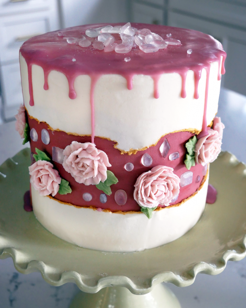 diamond buttercream rose fault line cake with isomalt diamonds and piped buttercream flowers
