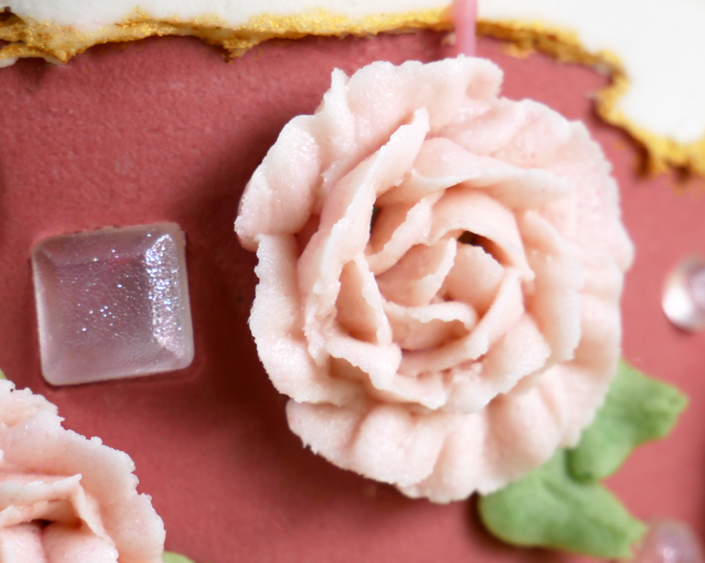 diamond buttercream rose fault line cake with isomalt diamonds and piped buttercream flowers