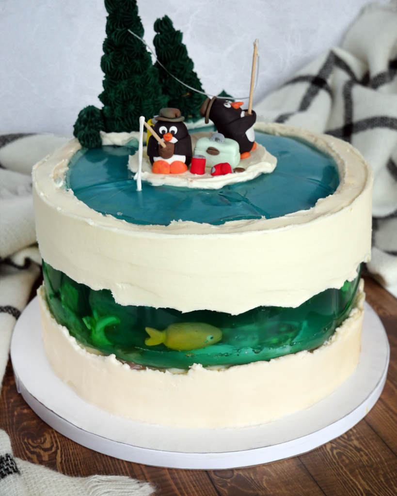 Gelatin under the sea cake made with jello and cake layers to look like the ocean.