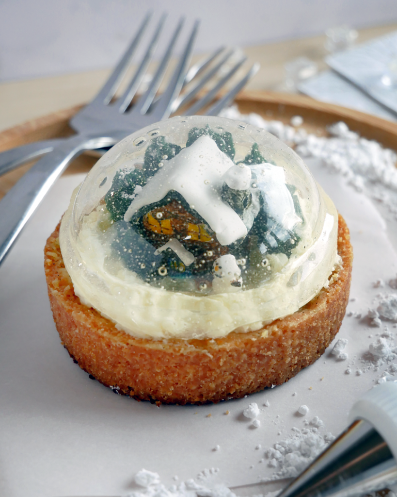 Isomalt sugar glass dome edible snow globe tart